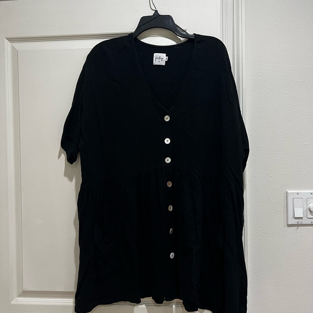 Black Button Down Mini Dress with V-Neck and Short Sleeves